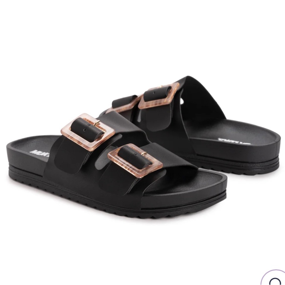 Black Slide Sandals with Rose Gold Buckles
